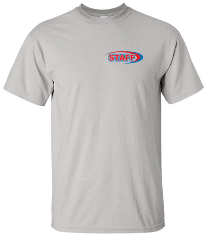 The Lifeguard Store grey cotton staff t-shirt with red and blue STAFF logo on the chest