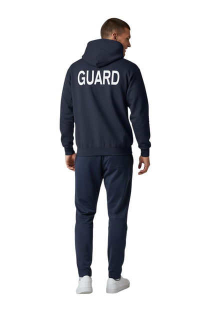 The Lifeguard Store Kiefer Guard hooded sweatshirt in navy blue, 50% cotton/50% polyester, with white GUARD logo on back.