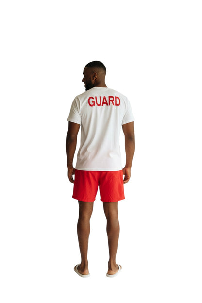 The Lifeguard Store white 100% cotton jersey short sleeve tee with red GUARD logo on back.