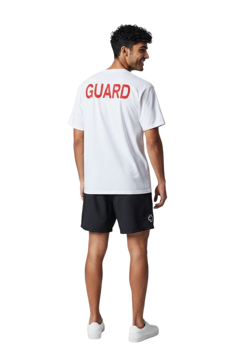 The Lifeguard Store white 100% cotton short sleeve tee with red GUARD logo on back.