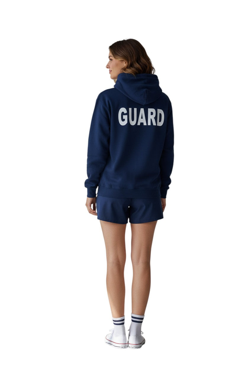 The Lifeguard Store RISE Guard Zip Hoodie in navy blue, cotton-polyester blend with white GUARD logo on back.
