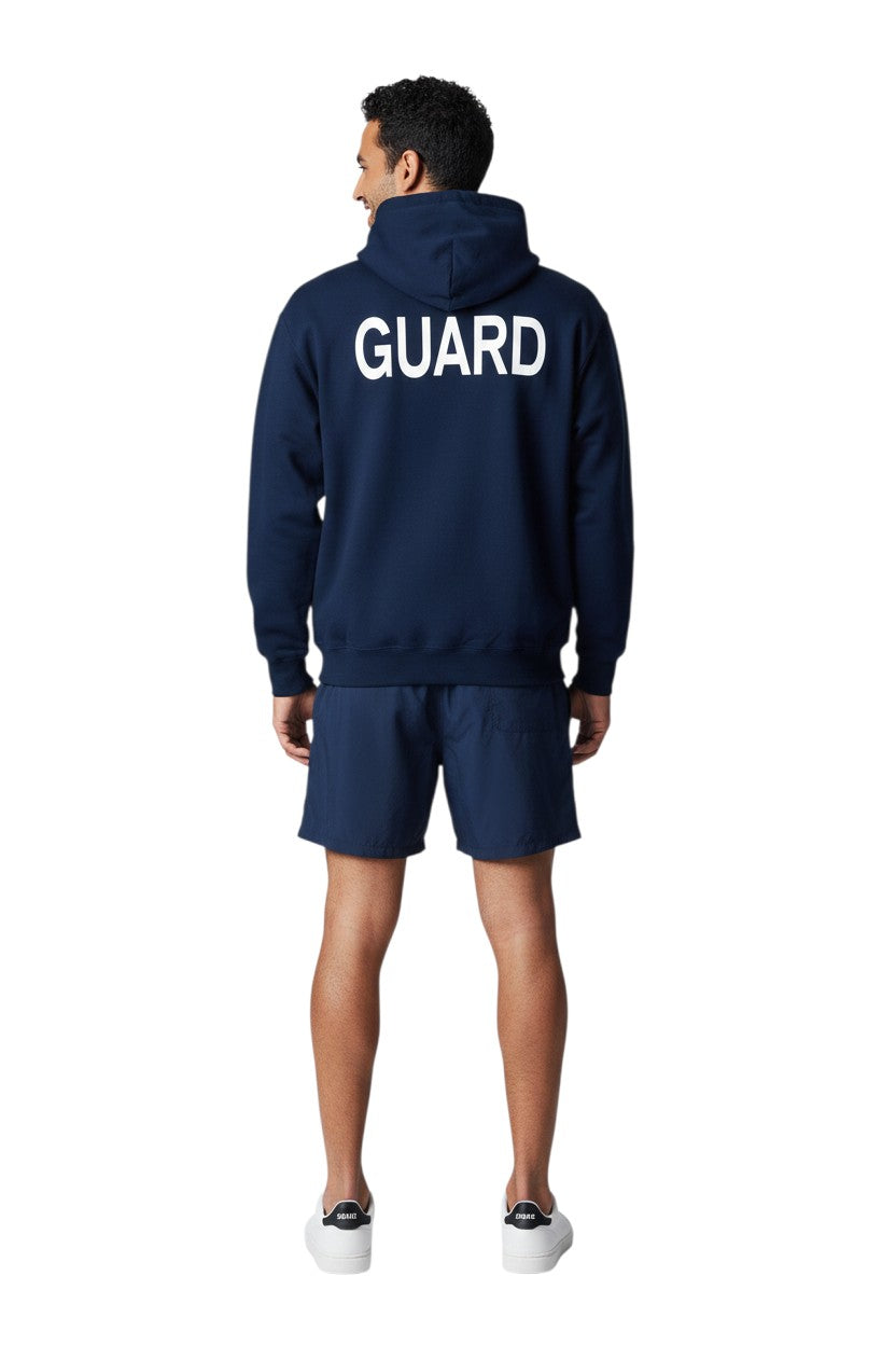 The Lifeguard Store Kiefer Guard Zip Hoodie in navy blue, made of a cotton and polyester blend, features a double-lined hood and a large white GUARD logo on the back.