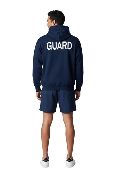 The Lifeguard Store Kiefer Guard Zip Hoodie in navy blue, made of a cotton and polyester blend, features a double-lined hood and a large white GUARD logo on the back.
