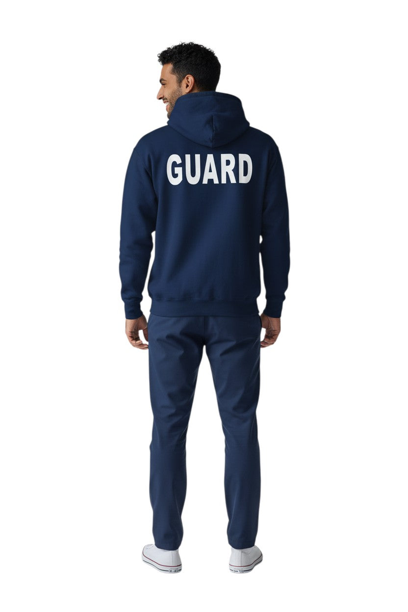 The Lifeguard Store RISE Guard Zip Hoodie in navy blue, cotton-polyester blend with white GUARD logo on back.