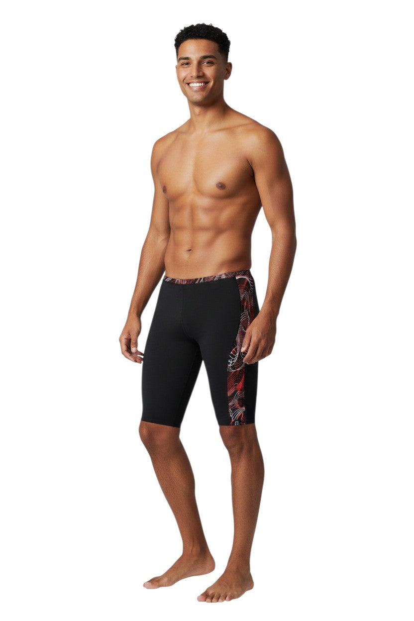The Lifeguard Store RISE Sandies Helix Poly Jammer swimsuit in black with red and white abstract helix design on the side. Made of 91% Polyester/9% Spandex.