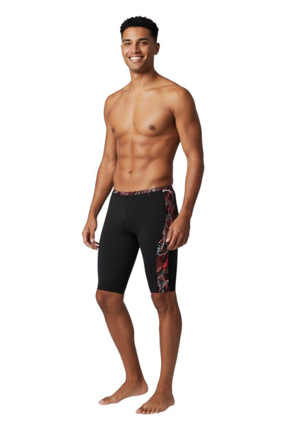 The Lifeguard Store RISE Sandies Helix Poly Jammer swimsuit in black with red and white abstract helix design on the side. Made of 91% Polyester/9% Spandex.
