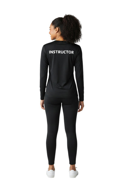 The Lifeguard Store black long sleeve rashguard with "INSTRUCTOR" printed on the back. Made of 91% polyester and 9% spandex.