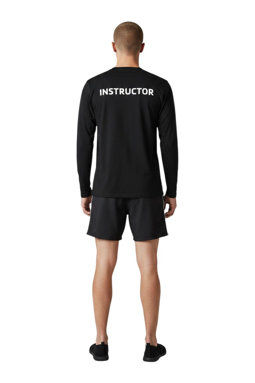 The Lifeguard Store black long sleeve rashguard with "INSTRUCTOR" printed on the back. Made of 91% polyester/9% spandex.