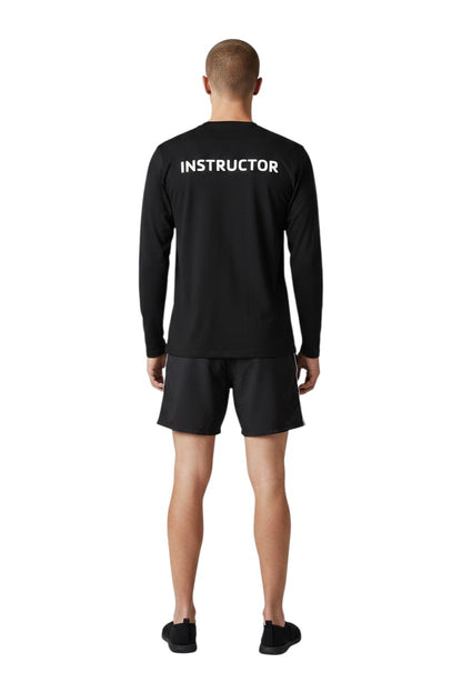 The Lifeguard Store black long sleeve rashguard with "INSTRUCTOR" printed on the back. Made of 91% polyester/9% spandex.
