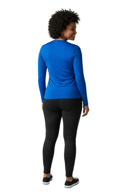 The Lifeguard Store royal blue long sleeve rashguard with white oval 'INSTRUCTOR' graphic. Poly-spandex blend.