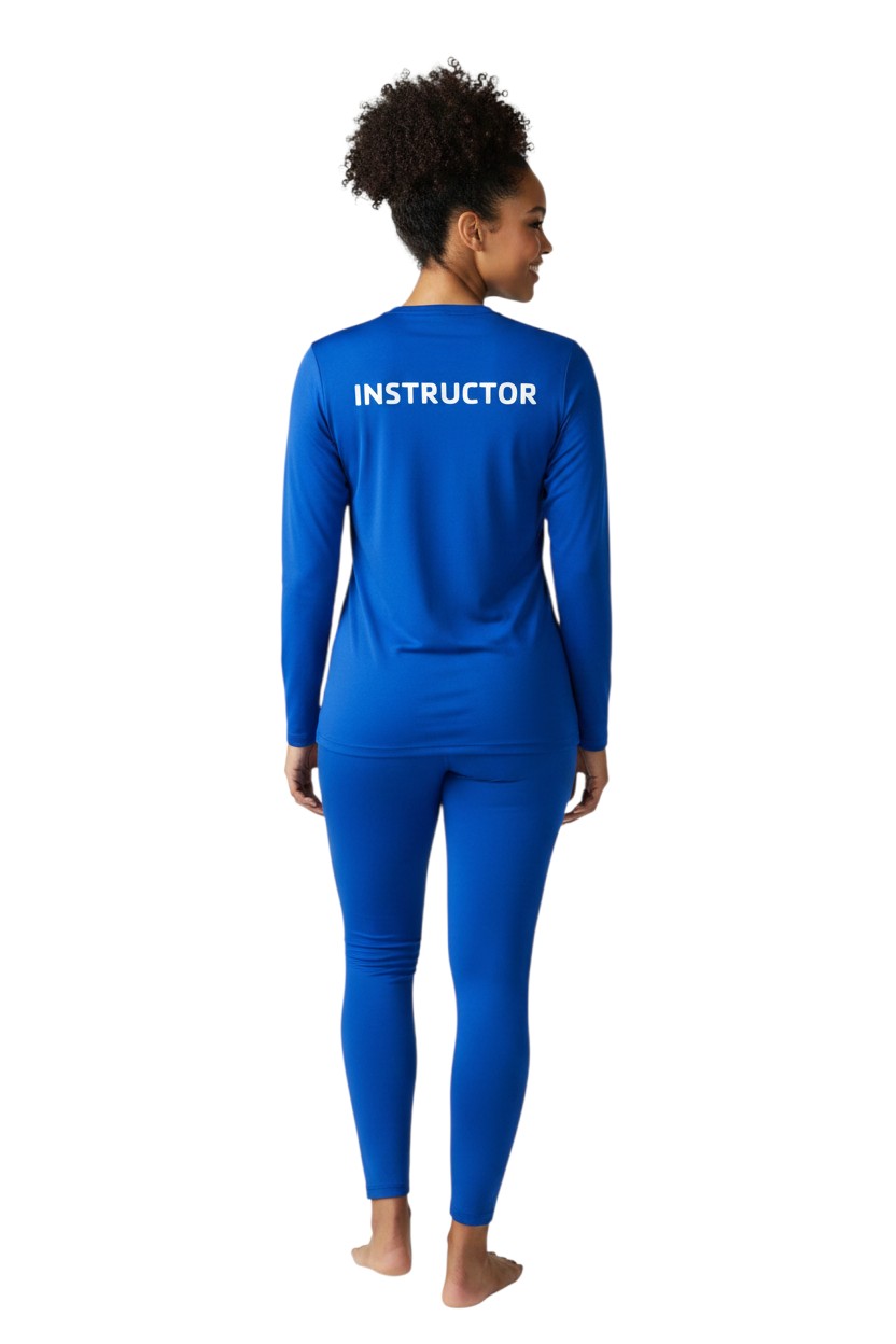 The Lifeguard Store YMCA Kiefer Instructor long sleeve rashguard in royal blue, made of polyester and spandex with UPF50+ protection.