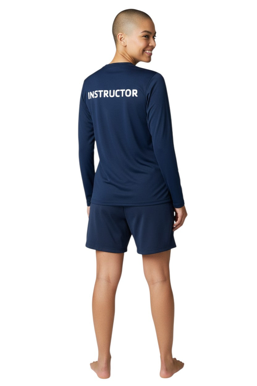 The Lifeguard Store YMCA Kiefer Instructor long sleeve navy blue rashguard with UPF50+ protection.