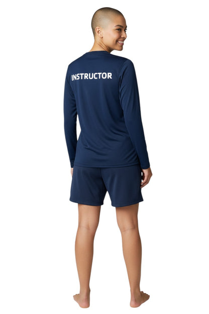 The Lifeguard Store YMCA Kiefer Instructor long sleeve navy blue rashguard with UPF50+ protection.