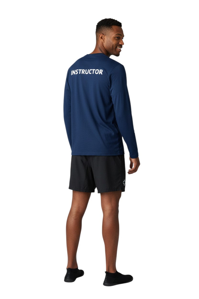 The Lifeguard Store navy blue long sleeve rashguard with white "INSTRUCTOR" text on back. Polyester/spandex blend.
