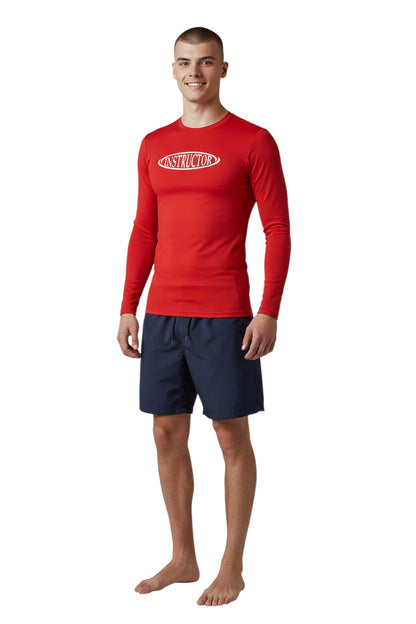The Lifeguard Store RISE Instructor long sleeve crew neck rashguard in red polyester-spandex blend with UPF50+ protection.