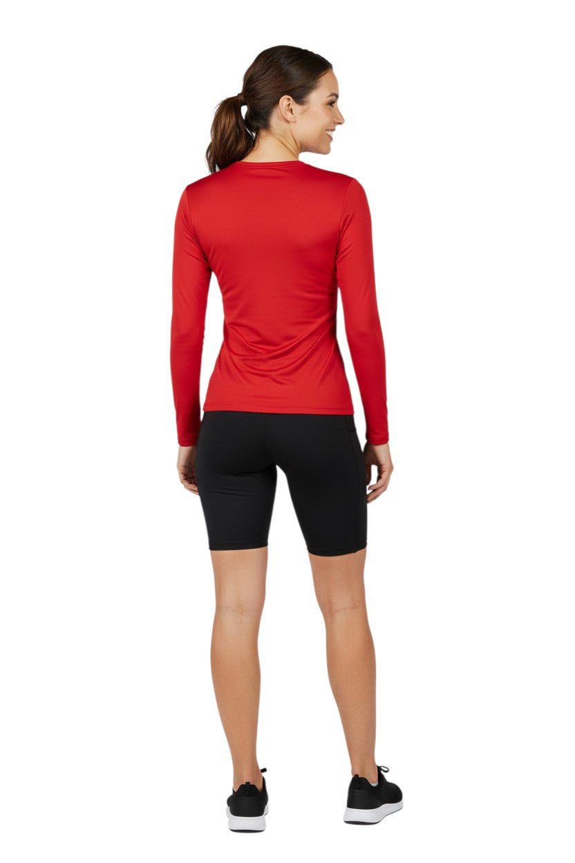The Lifeguard Store RISE Instructor long sleeve crew neck rashguard in red, made of polyester and spandex with UPF50+ protection.