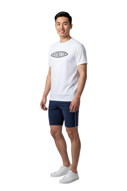The Lifeguard Store white short sleeve crew neck rashguard with black "INSTRUCTOR" graphic on chest. Made of 91% polyester/9% spandex.