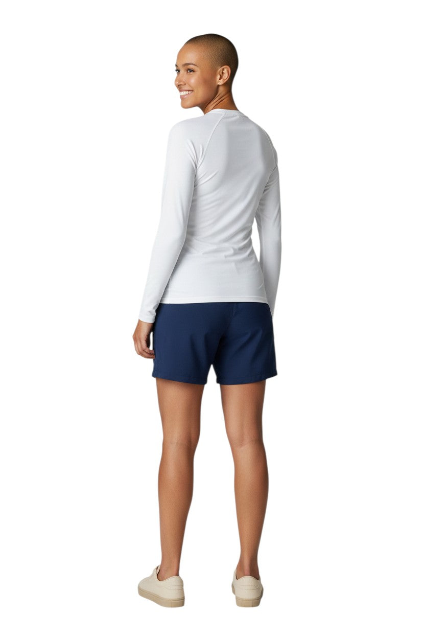 The Lifeguard Store RISE Instructor long sleeve crew neck rashguard in white with black text logo. UPF50+ protection.