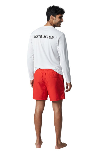 The Lifeguard Store white long sleeve rashguard with "INSTRUCTOR" printed on the back. Made of polyester and spandex for UPF50+ protection.
