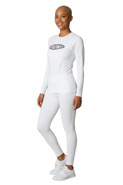 The Lifeguard Store RISE Instructor long sleeve crew neck rashguard in white with black text graphic. Made of polyester and spandex.