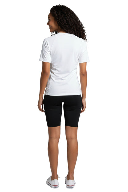 The Lifeguard Store white short sleeve crew neck rashguard with black "INSTRUCTOR" graphic on chest. Made of polyester and spandex.
