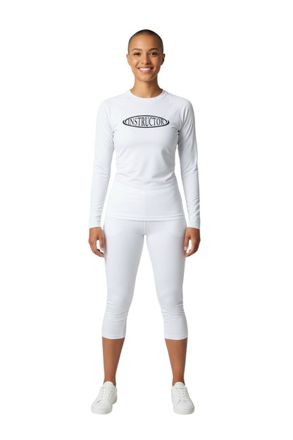The Lifeguard Store RISE Instructor long sleeve crew neck rashguard in white, made of poly-spandex blend with UPF50+ protection.