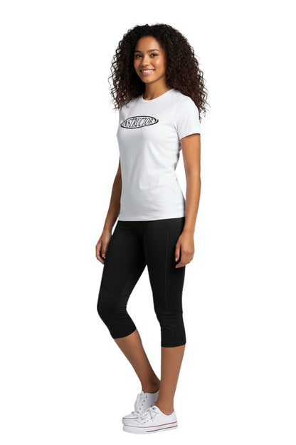 The Lifeguard Store white short sleeve crew neck rashguard with black "INSTRUCTOR" graphic on chest. Made of polyester and spandex.