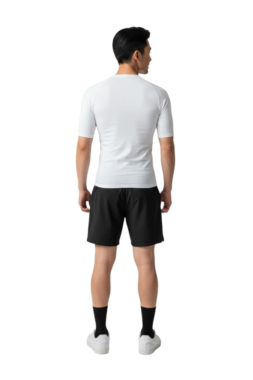 The Lifeguard Store white short sleeve crew neck rashguard with black "INSTRUCTOR" graphic. Made of 91% polyester, 9% spandex.