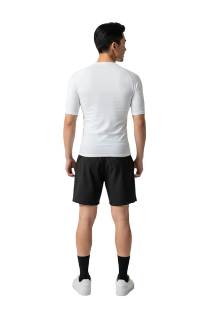 The Lifeguard Store white short sleeve crew neck rashguard with black "INSTRUCTOR" graphic. Made of 91% polyester, 9% spandex.