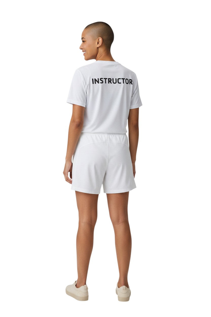 The Lifeguard Store white short sleeve rashguard with "INSTRUCTOR" printed on the back. Made of 91% polyester and 9% spandex.
