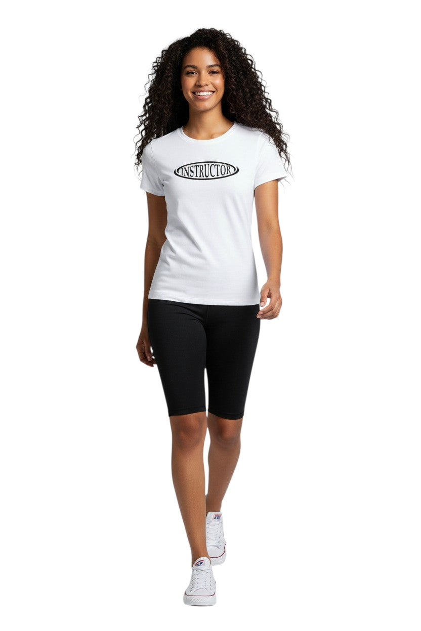 The Lifeguard Store white short sleeve crew neck rashguard with black "INSTRUCTOR" graphic on chest. Made of polyester and spandex.