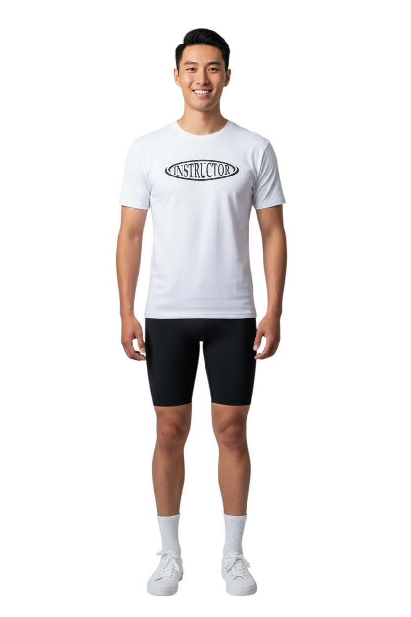 The Lifeguard Store white short sleeve crew neck rashguard with black "INSTRUCTOR" graphic on chest. Made of polyester and spandex.