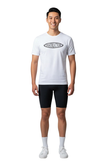 The Lifeguard Store white short sleeve crew neck rashguard with black "INSTRUCTOR" graphic on chest. Made of polyester and spandex.