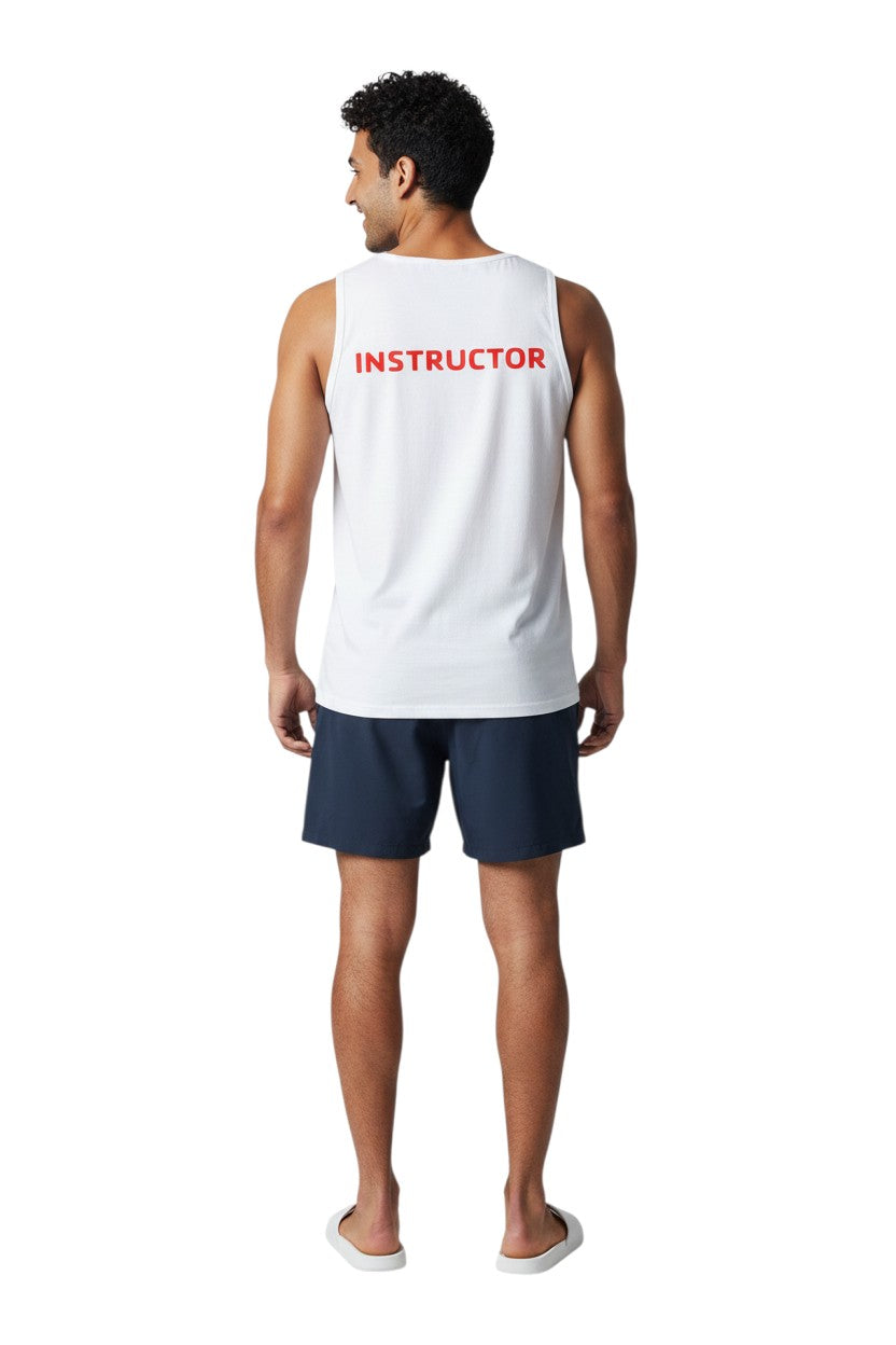 The Lifeguard Store white 100% cotton tank top with red "INSTRUCTOR" text on the back.