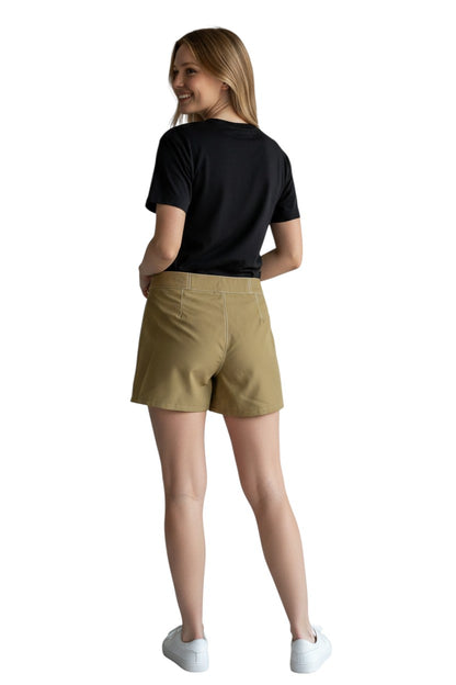 The Lifeguard Store RISE Solid Female Flex Short in khaki polyester-spandex with white contrast stitching and 5" inseam.