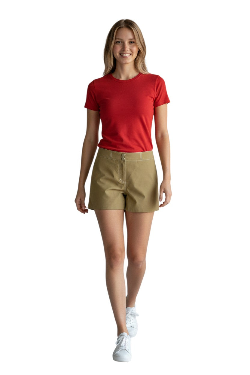 The Lifeguard Store RISE Solid Female Flex Short in khaki polyester-spandex with white contrast stitching and 5" inseam.