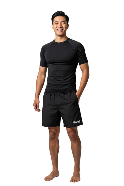 The Lifeguard Store Kiefer black short sleeve crewneck rashguard made of poly stretch fabric with UPF50+ UV protection.