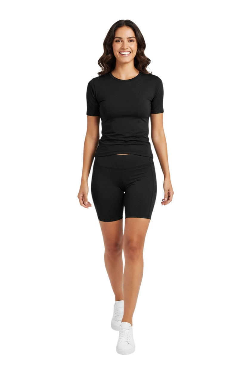 The Lifeguard Store Kiefer black short sleeve crewneck rashguard made of poly stretch fabric with UPF50+ UV protection.