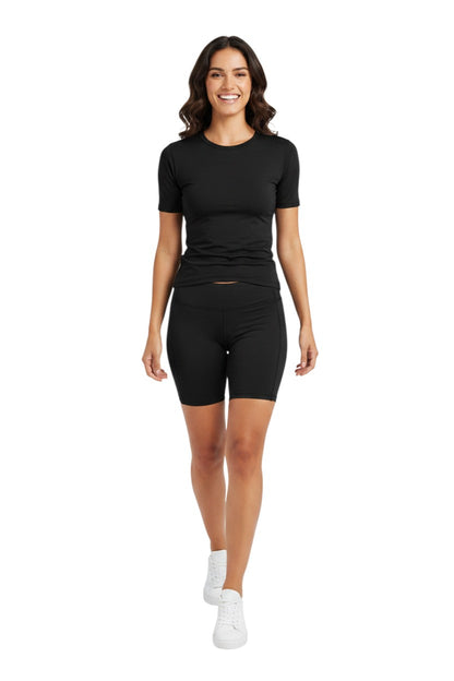 The Lifeguard Store Kiefer black short sleeve crewneck rashguard made of poly stretch fabric with UPF50+ UV protection.