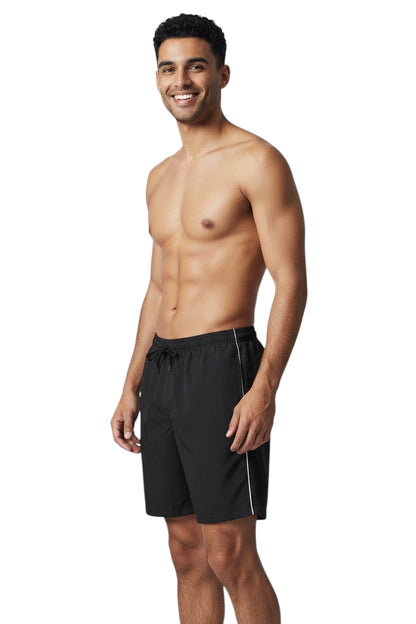 The Lifeguard Store Kiefer Solid Board Shorts in black polyester with white side piping and drawstring.