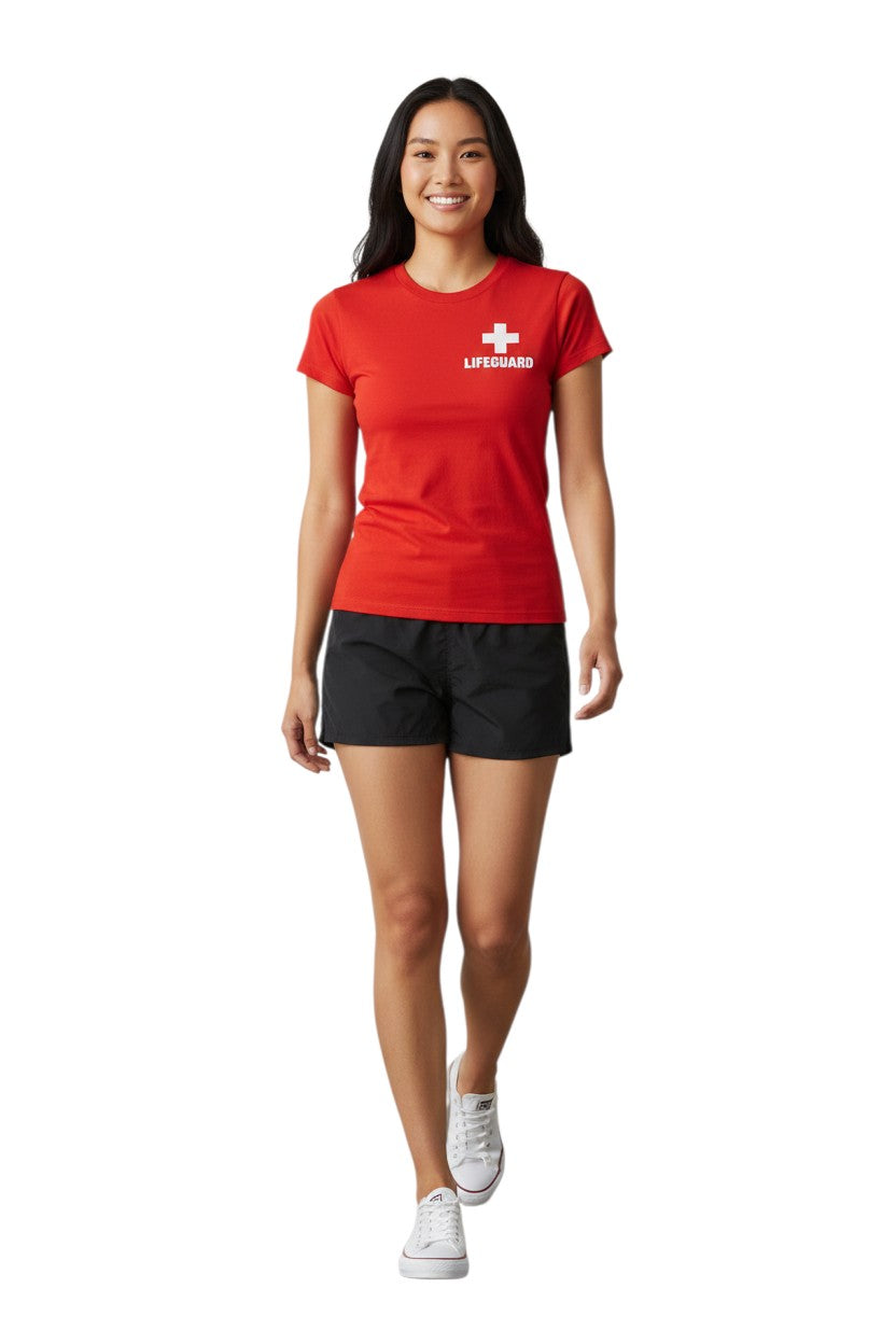 The Lifeguard Store Kiefer 4-Way Unisex Deck Short in black, featuring an elastic waist, drawstring, side pockets, and a back velcro pocket.