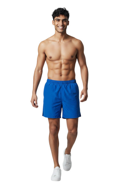 The Lifeguard Store Kiefer 4-Way Unisex Deck Short in solid blue with elastic waist, drawstring, side pockets, and back velcro pocket.