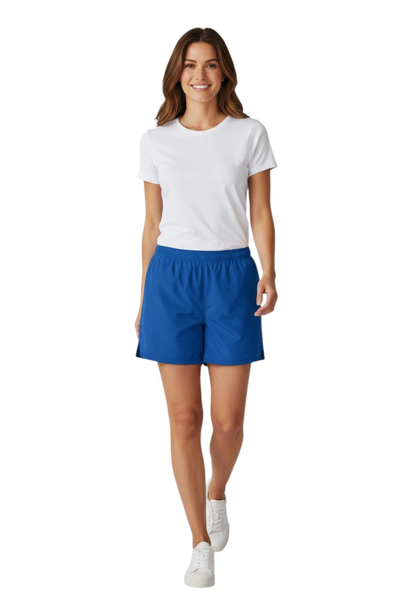 The Lifeguard Store Kiefer 4-Way Unisex Deck Short in solid blue with elastic waist, drawstring, side pockets, and velcro back pocket.