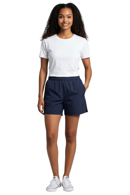 The Lifeguard Store Kiefer 4-Way Unisex Deck Short in solid navy blue. Features elastic waist, drawstring, side pockets, and velcro back pocket.