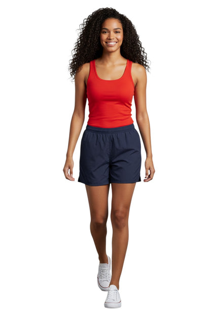 The Lifeguard Store Kiefer 4-Way Unisex Deck Short in solid navy blue. Features elastic waist, drawstring, side pockets, and velcro back pocket.