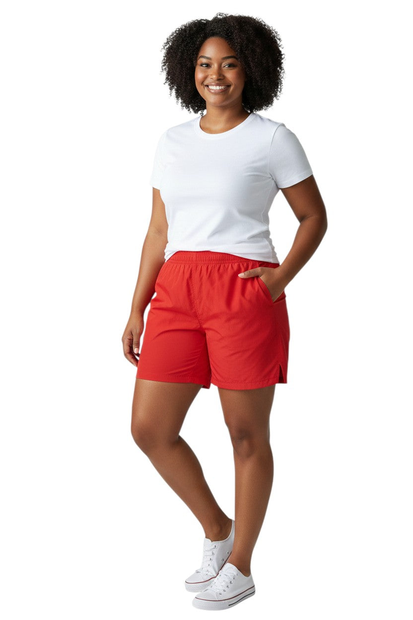 The Lifeguard Store Kiefer 4-Way Unisex Deck Short in solid red. Features elastic waist, drawstring, side pockets, and a back pocket with velcro.