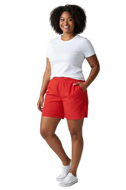 The Lifeguard Store Kiefer 4-Way Unisex Deck Short in solid red. Features elastic waist, drawstring, side pockets, and a back pocket with velcro.