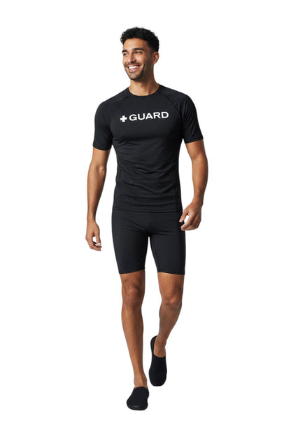 The Lifeguard Store Kiefer Guard black short sleeve rashguard with white + GUARD text. Made of poly stretch fabric with UPF50+ protection.