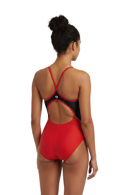 The Lifeguard Store Kiefer Guard H-Back Splice swimsuit in red and black. Made of poly stretch fabric with UPF50+ protection.