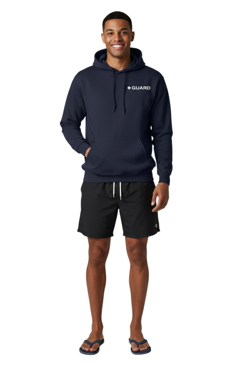 The Lifeguard Store Kiefer Guard hooded sweatshirt in navy blue, made of cotton-polyester blend with a pouch pocket and white GUARD logo on chest.